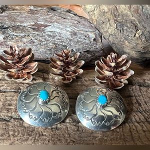 Native American Navajo Hopi Zuni Earrings Concho Turquoise Studs Silver Shell 1”